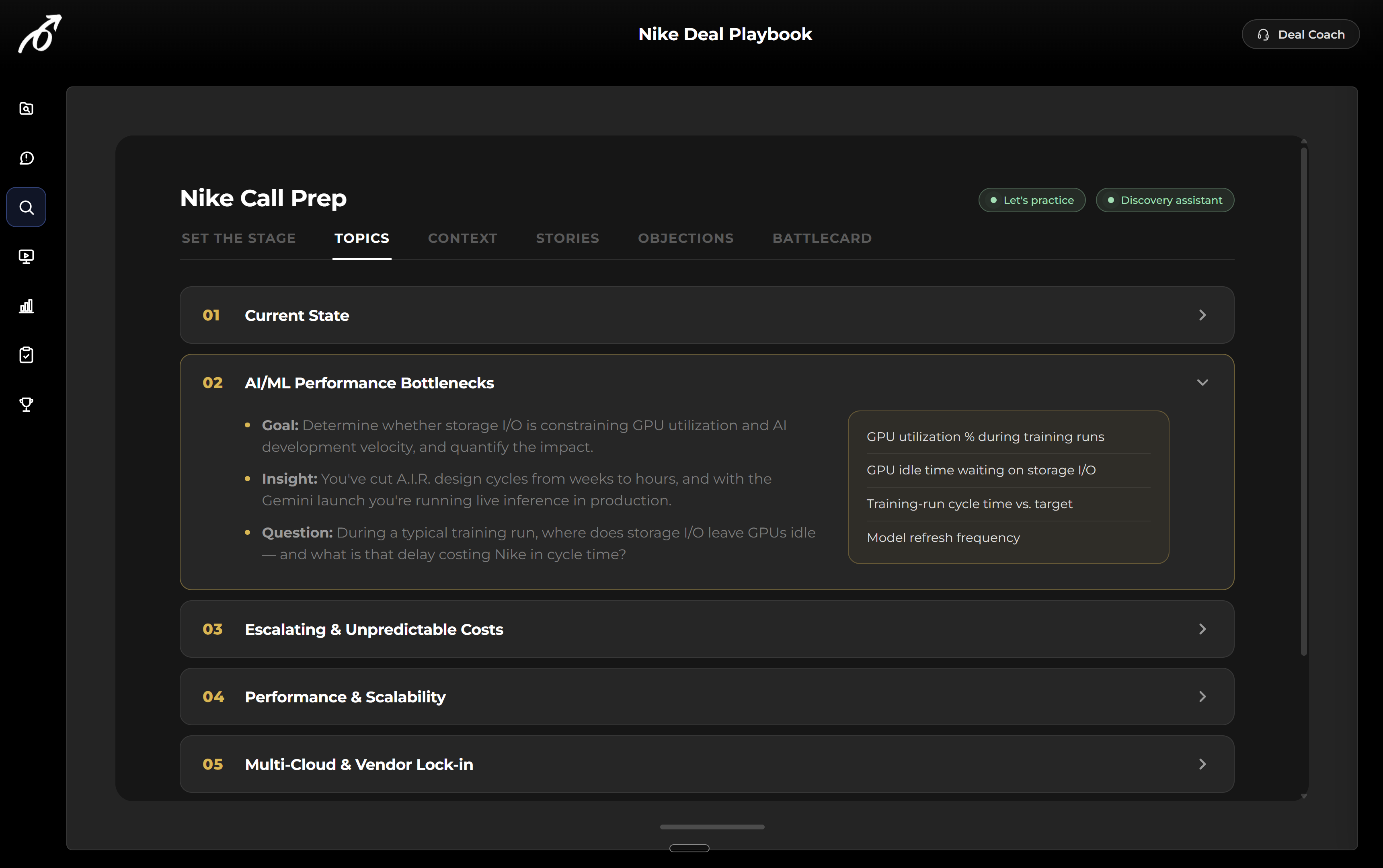 PlaymakerAI call prep workspace showing discovery topics with goals, insights, and suggested questions for a live deal