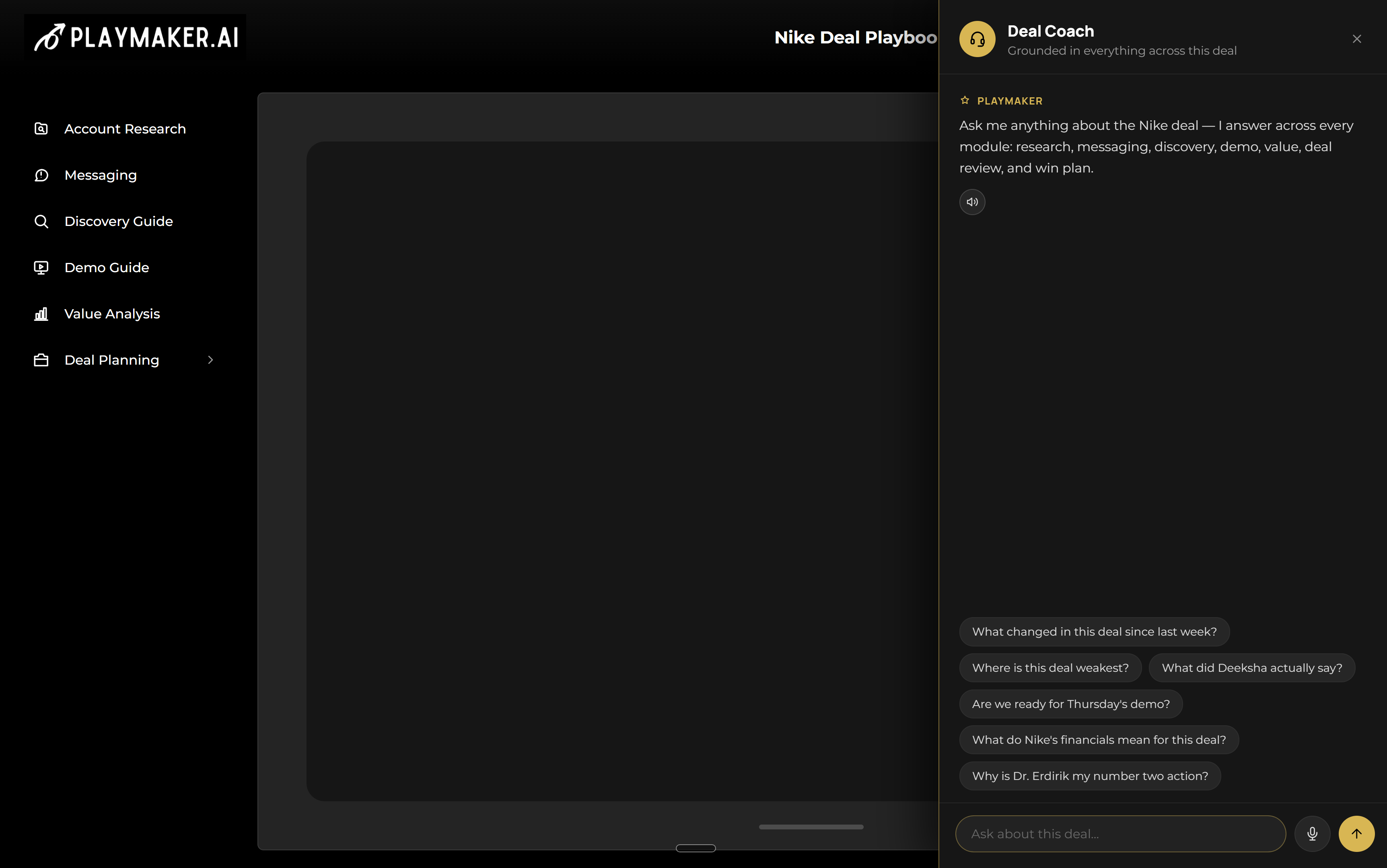 PlaymakerAI deal guide with coaching, win plan, and next best actions for the active deal