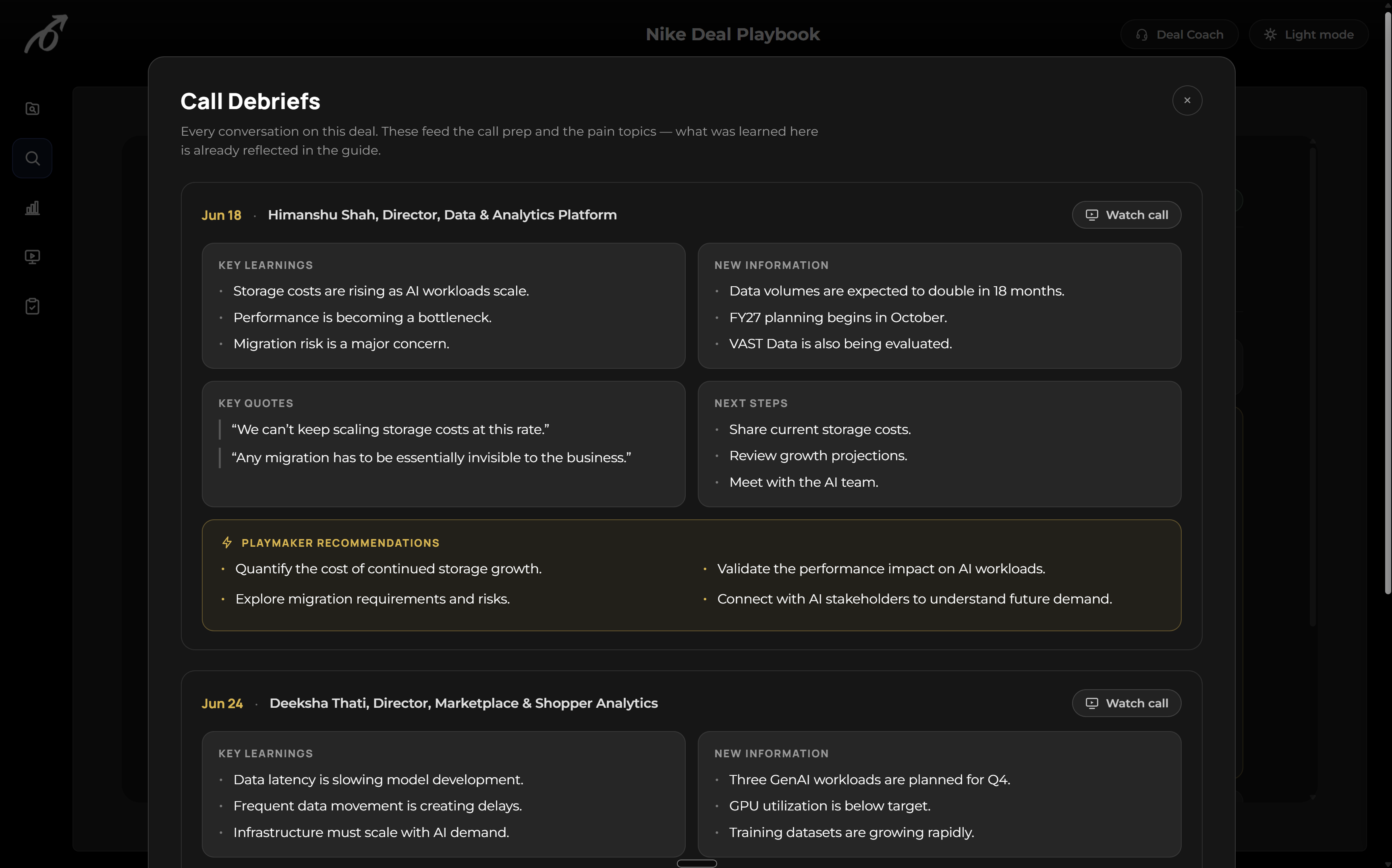 PlaymakerAI call debriefs showing key learnings, new information, quotes, next steps and recommendations