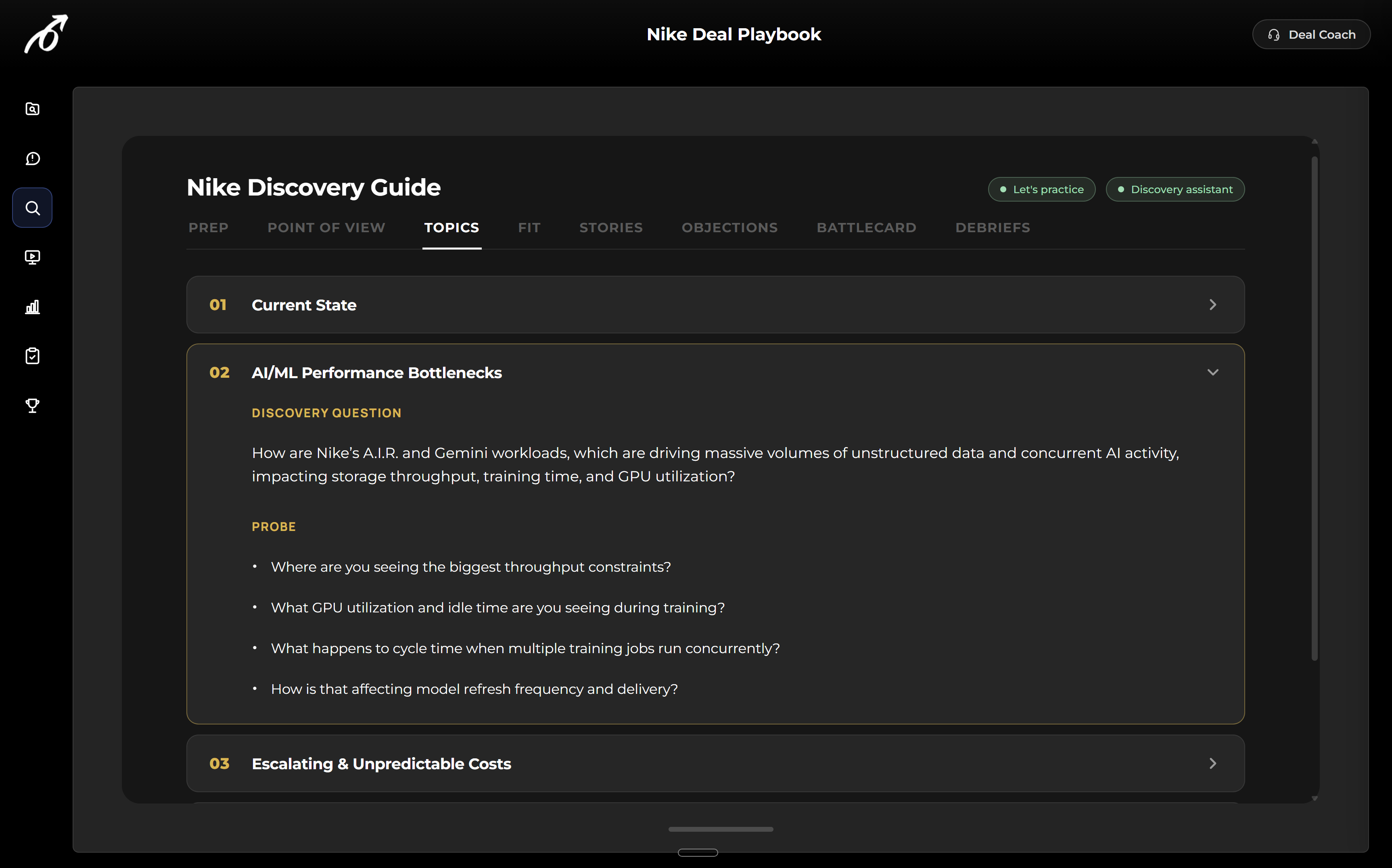 PlaymakerAI in-call guidance showing discovery topics with the primary discovery question and follow-up probes for AI/ML performance bottlenecks