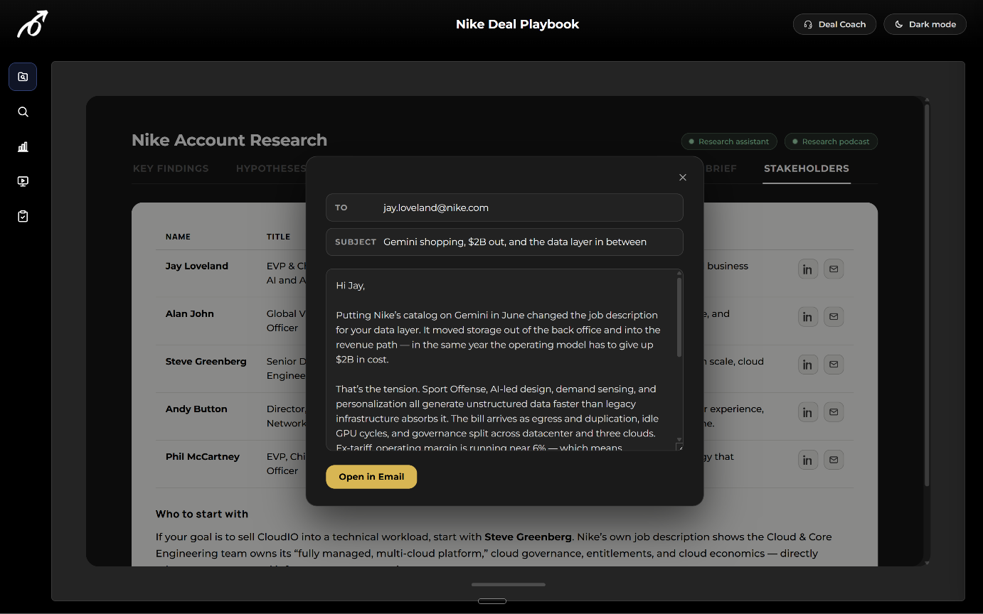 PlaymakerAI-drafted executive outreach grounded in the account's strategy and financial pressure