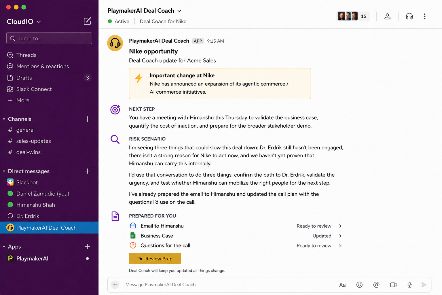 PlaymakerAI Deal Coach briefing in Slack: an important change detected at Nike, the next step for Thursday&rsquo;s meeting, a risk scenario naming three things that could slow the deal, and prepared artifacts including an email, an updated business case, and questions for the call