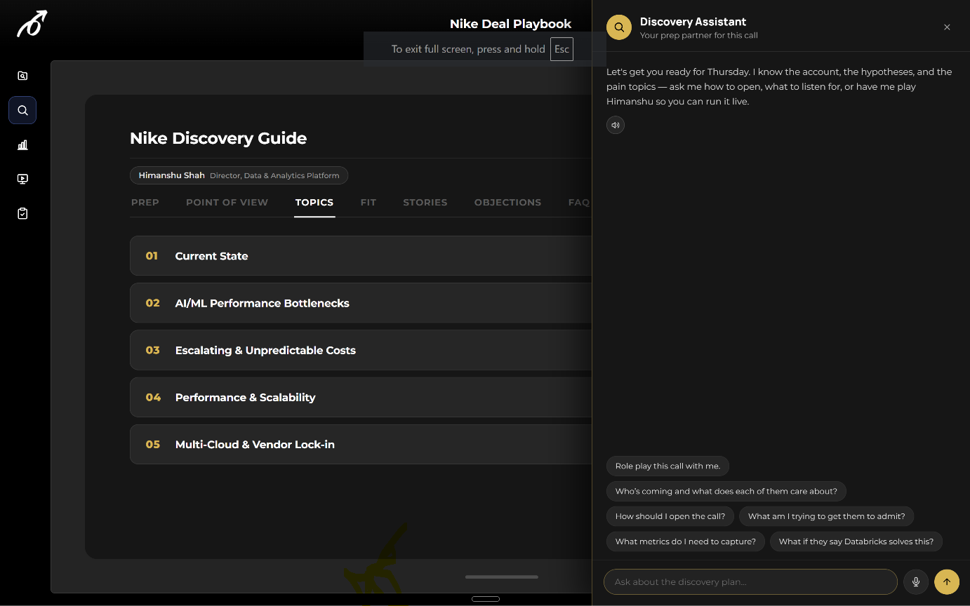 PlaymakerAI Discovery Assistant offering to role play the call, with prompts on how to open, what to listen for and what to capture