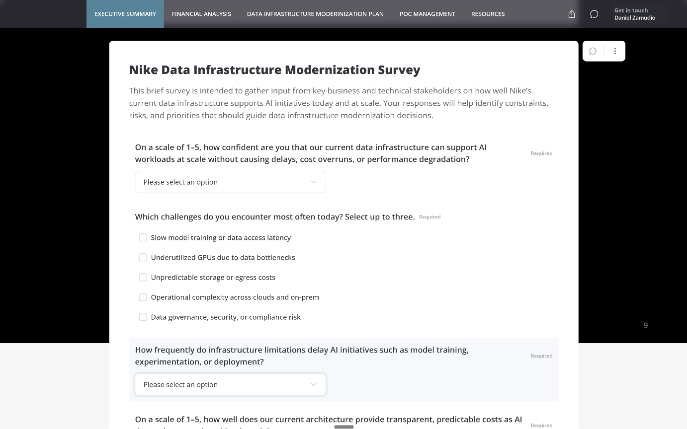 Nike Data Infrastructure Modernization intake survey in WinroomAI, collecting stakeholder confidence ratings and their most common data infrastructure challenges